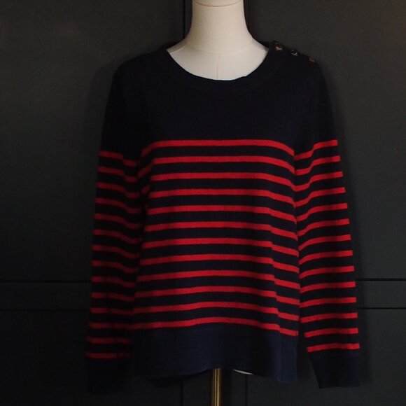 J. Crew | Cotton Navy & Orange Striped Crewneck Pullover Sweater - Picture 1 of 7